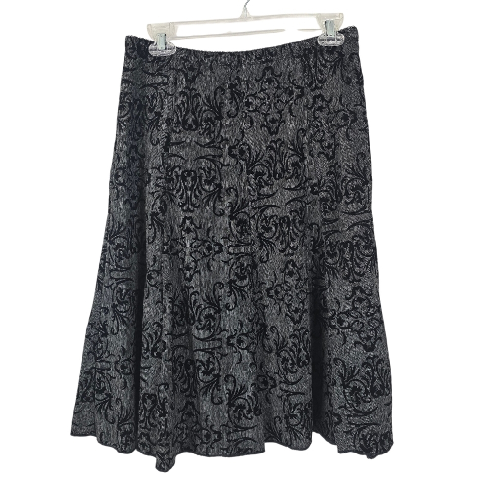 J. Jill Stretch Black Flocked Velvet Scroll Print A Line Midi Skirt Size 8P